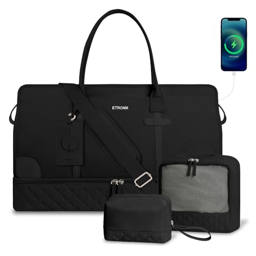 ETRONIK Weekender Overnight Bag for Women, Large Travel Duffle Bag with Shoe Compartment & Wet Pocket, Carry On Tote Bag Gym Duffel Bag with Toiletry Bag for Hospital 4 Pcs Set, Large Size, Black
