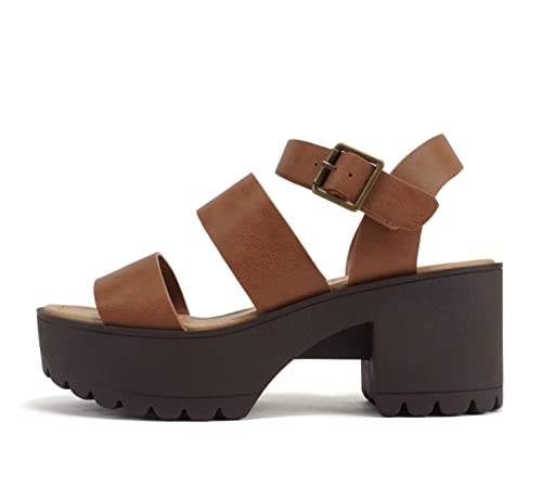 Soda ACCOUNT ~ Women Open Toe Two Bands Lug sole Fashion Block Heel Sandals with Adjustable Ankle Strap (Tan PU, us_footwear_size_system, adult, women, numeric, medium, numeric_8_point_5)