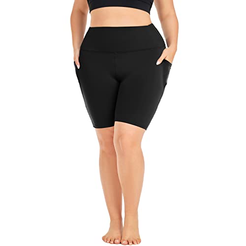 MOREFEEL Plus Size 8' Biker Shorts with Pockets for Women Stretch XL-4XL Workout Tummy Control High Waist Black Yoga Shorts Summer