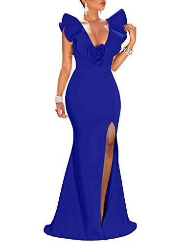 YMDUCH Women's Sexy Ruffle Sleeve V Neck High Split Evening Gown Long Formal Dress RoyalBlue