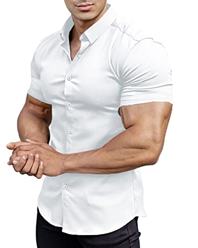 Casual Men's Muscle Fit Dress Shirts Short Sleeve Athletic Fit Button Down Shirts White M