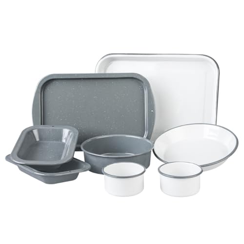 Granite Ware 8 piece Healthy Bakeware Set. Unique colors! Enameled steel baking sheets and pans. Oven and camping friendy. PTFE Free.