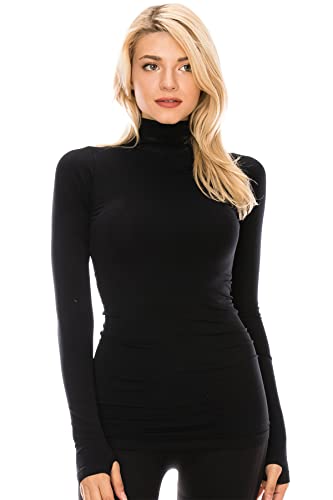 Kurve Women’s Basic Turtleneck Top – Long Sleeve Casual Stretch Mock Neck Slim Fitted T-Shirt Tops (Made in USA), Black, Large/X-Large