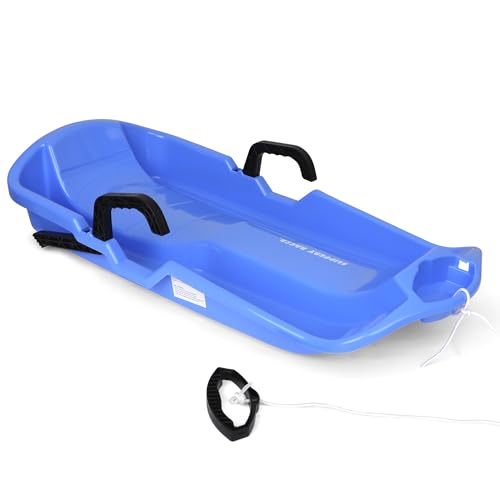 Slippery Racer Downhill Thunder Flexible Plastic Toboggan Snow Sled with Built in Brake System, Pull Rope, and Handle Grips, Blue