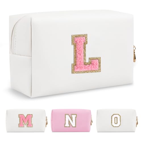 Personalized Makeup Bag Initial A-Z Preppy Patch Bag,Small PU Leather Travel Cosmetic Bag Pouch with Zipper,White Cute Toiletry Bag,Gift Ideal for Teen Girls Women Birthday Friend Mom,Letter L