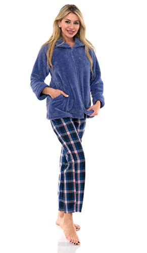 TowelSelections Women's Bed Jacket Zip Front Cardigan Fleece Robe Lounge Coverup Large Deep Periwinkle