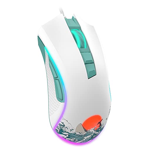 COSTOM XVX G705 Wired Gaming Mouse, RGB Backlit with Adjustable 12000DPI/7 Programmable Buttons, Gamer Computer USB Mouse for Windows Mac Laptop PC, Coral Sea Theme