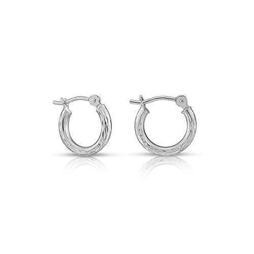 14k White Gold Hand Engraved Full Diamond-cut Round Hoop Earrings (13mm (0.5 inch))