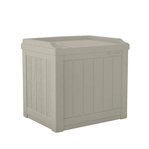 Suncast Small Deck Box-Lightweight Resin Indoor/Outdoor Storage Container and Seat Cushions and Gardening Tools Store Items on Patio, Garage, Yard, 22 Gallon, Light Taupe