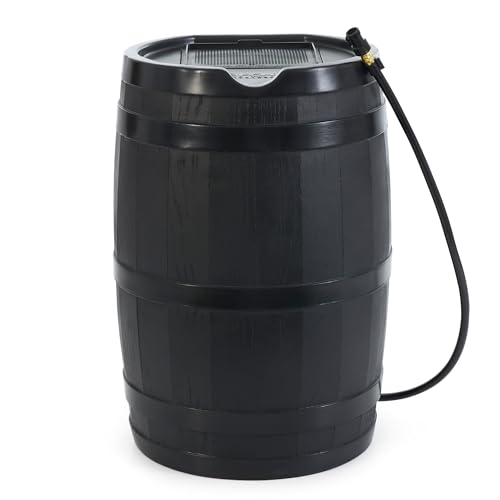 FCMP Outdoor RC45-BLK Rain Barrel (45-Gallon) - Water Rain Catcher Barrel with Flat Back for Watering Outdoor Plants, Gardens, and Landscapes, Black
