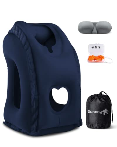 Sunany Travel Pillow, Inflatable Neck Pillow Used for Airplanes/Cars/Buses/Trains/Office Napping with Eye Mask/Earplugs (Blue)
