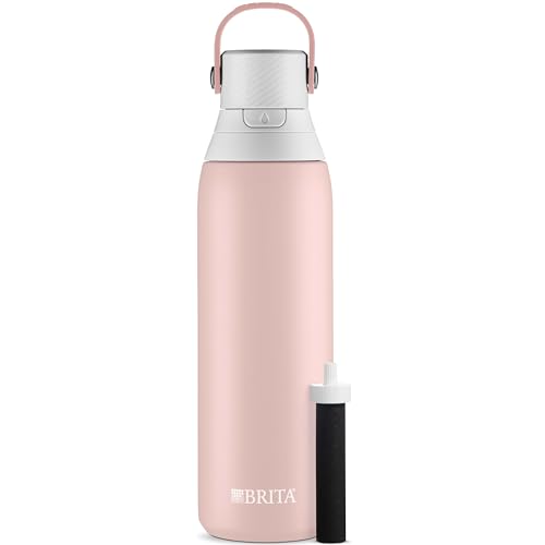 Brita Insulated Filtered Water Bottle with Straw, Reusable, Christmas Gift and Stocking Stuffer For Men and Women, Stainless Steel Metal, Rose, 20 Ounce