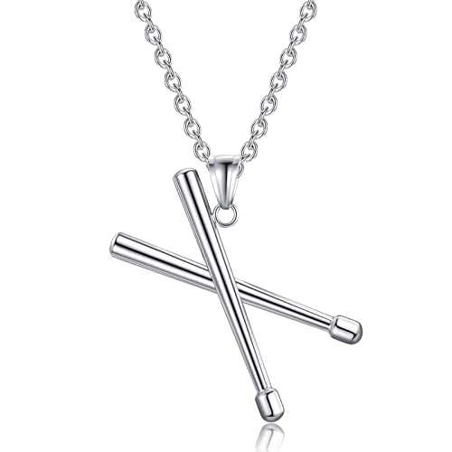 FSYAEGZA Rock Drum Stick Pendant Necklace for Men Stainless Steel Cross Drumstick Necklace, Drummer Music Charm Memorial Keepsake Jewelry (Silver)