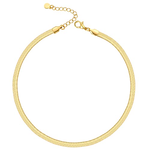 NUZON Gold Choker Necklaces for Women Girls 14K Gold Plated 5MM Snake Chain Necklace Thick Flat Herringbone Necklace Layering Jewelry Gift 16''