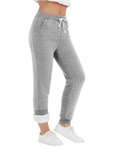 Flygo Womens Warm Sherpa Lined Athletic Sweatpants Drawstring Joggers Fleece Pant Trousers (X-Large, Light Grey)