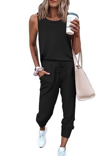 PRETTYGARDEN Women's Two Piece Outfit Sleeveless Crewneck Tops with Sweatpants Active Tracksuit Lounge Wear (Black,Small)