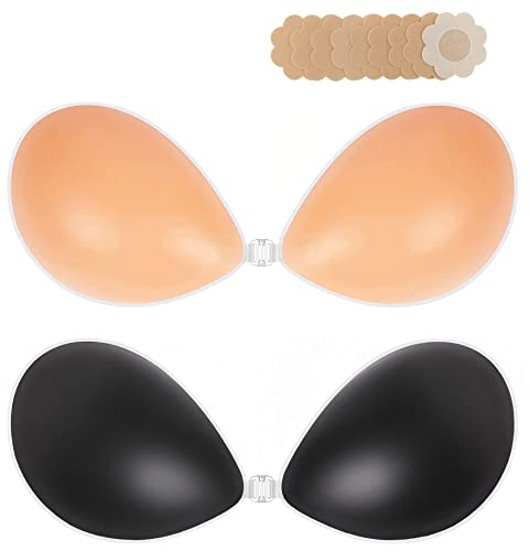 KISWON Silicone Adhesive Push Up Strapless Bra Invisible Backless Sticky Bra with Nipple Covers for Women Black and Nude