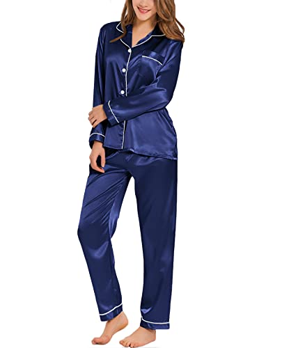 SWOMOG Womens Silk Satin Pajamas Long Sleeve Loungewear Two-piece Sleepwear Button-Down Pj Set Navy Blue