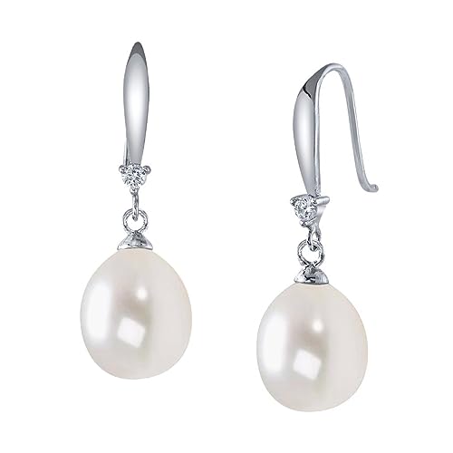 The Pearl Source Real Pearl Dangle Earrings for Women with Genuine AAA Quality White Freshwater Cultured Pearls | 14K Gold Plated 925 Sterling Silver Earrings for Women