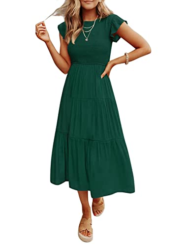 MEROKEETY Women's Summer Casual Short Sleeve Round Neck Smocked High Waist Flowy Sun Midi Dress,ForestGreen,M