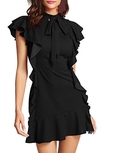 Floerns Women's Tie Neck Short Sleeve Ruffle Hem Cocktail Party Dress Black XS