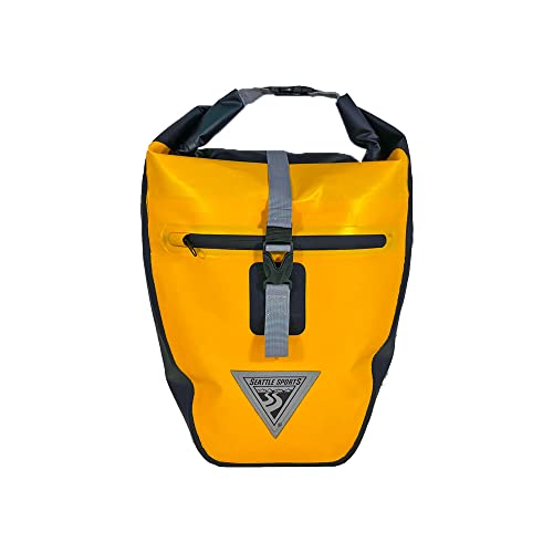 Seattle Sports Titan Pannier Waterproof Bike Bag Bicycle Panniers with Adjustable Hooks, Carrying Handle, Reflective Patches and Large Pocket Bonus USB Rechargeable LED Safety Light, Yellow, 20L