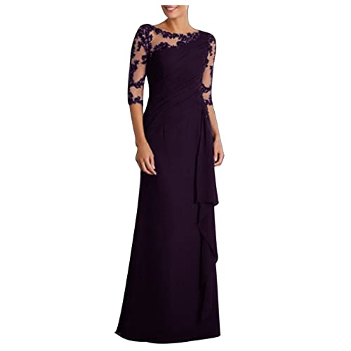 Lightning Deal of The Day Prime Mother of The Bride Dresses Lace Appliques 3/4 Sleeves Wedding Gowns Formal Evening Dresses Chiffon Long Ball Gown Purple