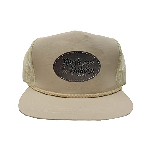 Vintage Hat Roped Retro Yupoong Mesh Back Snapback (Beige with North Dakota Patch)