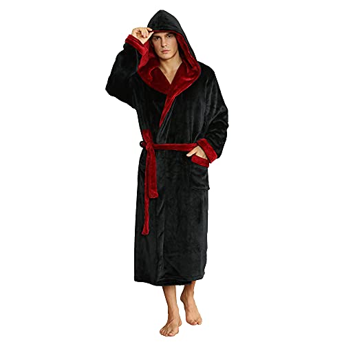 U2SKIIN Mens Fleece Hooded Robe Plush Bathrobe (Black/Dark Red, L/XL)