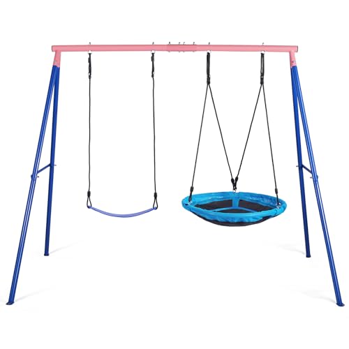 Lunafun outdoor swings for Kids, 440lbs, Heavy-Duty A-Frame Metal Outdoor Swing Stand, 1 Saucer & 1 Belt Swing Seat for Playground, Backyard Blue