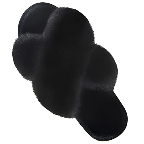 Women's Cross Band Slippers Fuzzy Soft House Slippers Plush Furry Warm Cozy Open Toe Fluffy Home Shoes Comfy Indoor Outdoor Slip On Breathable Black 7-8