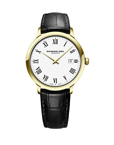 Raymond Weil Toccata Men's Watch, Quartz, White Dial, Roman Numerals, Stainless Steel with Yellow Gold PVD, Black Leather Strap, 39 mm (Model: 5485-PC-00300)