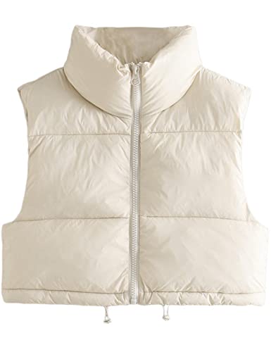 Yidarer Women's Full Zip Up Warm Crop Vest Sleeveless Puffer Vest Lightweight Padded Gilet(Beige-S)