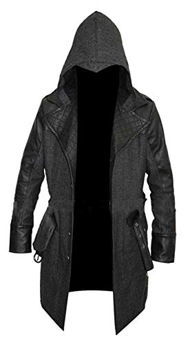 UGFashions AC Syndicate Jacob Frye Hooded Costume Black Trench Cosplay Gaming Wool PU Leather Coat