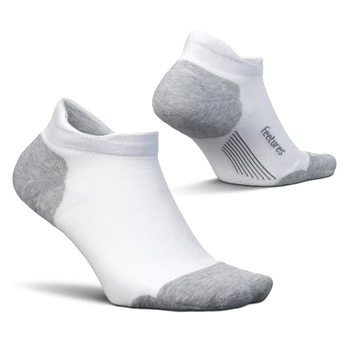 Feetures Elite Max Cushion No Show Tab Ankle Socks - Sport Sock with Targeted Compression - New White, L (1 Pair)