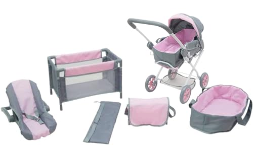 KOOKAMUNGA KIDS 5 Pc Baby Doll Stroller Set - Baby Doll Accessories - Baby Doll Playset w/ Doll Crib Stroller Car Seat - Playpen - Carry Cot - Diaper Bag - Ages 3+ - Deluxe Grey / Pink