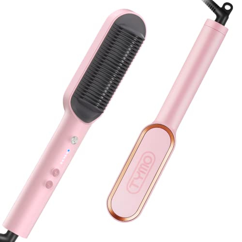 Hair Straightener Brush, TYMO Ring Hair Straightener Comb Straightening Brush for Women with 5 Temps 20s Fast Heating & Dual Voltage, Pink