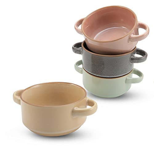 American Atelier Soup Bowls with Handles | Set of 4 | 16-Oz Glazed French Onion Soup Bowl | Stackable Serving Bowls for Stew, Pasta, Chili | Stoneware, Dishwasher & Oven Safe (Assorted Colors)