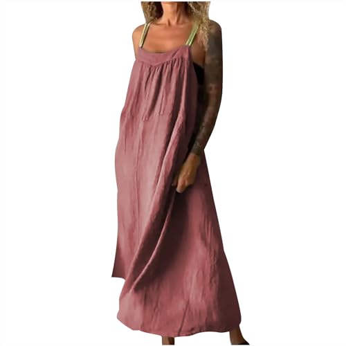 Lpmadey Women's 2024 Summer Boho Spaghetti Strap Cotton Linen Solid Flowy A Line Beach Long Maxi Dress Plus Size Sundress Red