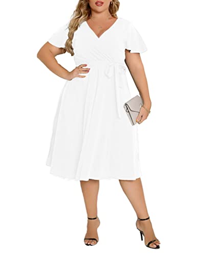 Agmibrelr Women's Plus Size Flutter Sleeve Dress Deep V Neck A-Line Swing Plus Size Midi Dresses White 16