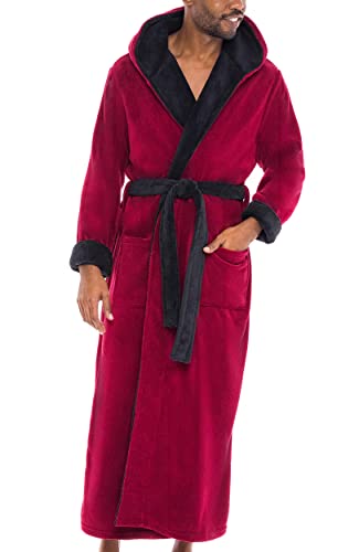 Alexander Del Rossa Men's Warm Fleece Robe with Hood, Big and Tall Bathrobe, 1X-2X Burgundy with Black Contrast (A0125BRB2X)