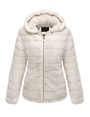 Bellivera Women Faux Fur Coat Fleece Fuzzy Hood Fluffy Shaggy Shearling Sherpa-Lined Jacket 1801 Beige L