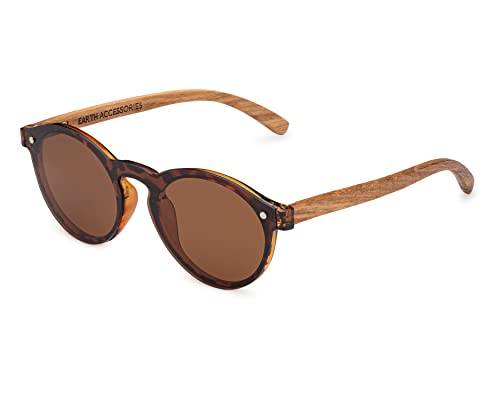 Earth Accessories Premium Retro Round Wood Sunglasses | Polarized & UV Protection, One-Piece Lens | Eco-Friendly, Brown
