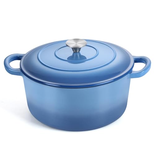 TeamFar 6QT Dutch Oven with Lid, Enameled Nonstick Cast Iron Dutch Oven Cooking Pot for Stewing Baking Braising, Various Stoves & Oven Safe, Toxic Free & Solid, Dual Handles & Easy Cleanup - Blue