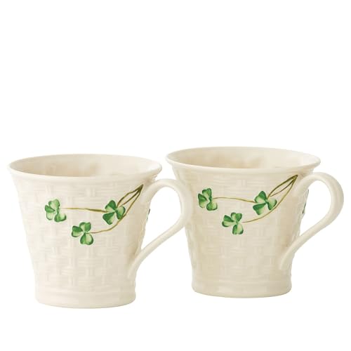 Belleek Classic Shamrock Ceramic Coffee Mug Set - Handmade Porcelain Ceramic Mug - 8 oz Ceramic Coffee Cups Set - Collectible Basketweave Tea Mugs, White Coffee Mugs Set - Aesthetic Mugs Gift Set