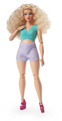 Barbie Looks Doll with Curly Blonde Hair Dressed in Ruched Crop Top & Satiny Lavender Shorts, Posable Made to Move Body