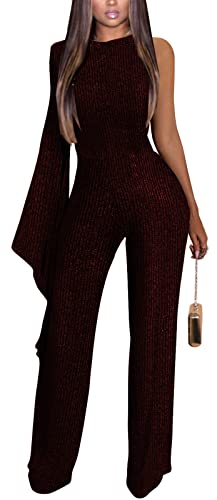 SeNight Sexy Jumpsuits For Women One Long Bell Sleeve Cocktail Elegant Mock Neck Shiny Straight Long Pants Rompers With Zipper For Winter
