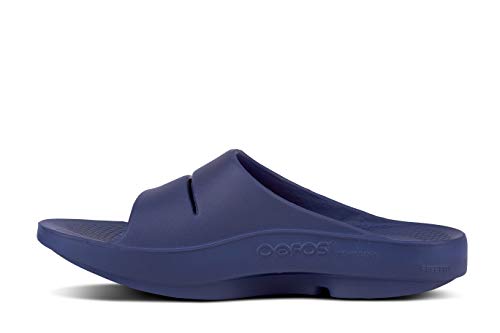 OOFOS OOahh Slide, Navy - Men’s Size 7, Women’s Size 9 - Lightweight Recovery Footwear - Reduces Stress on Feet, Joints & Back - Machine Washable
