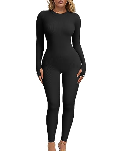OQQ Women‘s Yoga Jumpsuits Ribbed Long Sleeve Crew Neck Tops Sport Jumpsuits Black