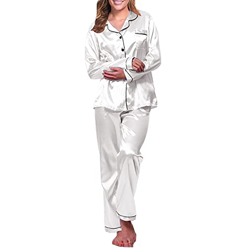 amazon warehouse sale clearance Pajama Sets for Women Two Piece Silk Satin Plus Size Button Down Long Sleeve Matching Pajamas Cute Sexy Nightwear Comfy Lounge Sleepwear Pjs Set 2024 Outfits